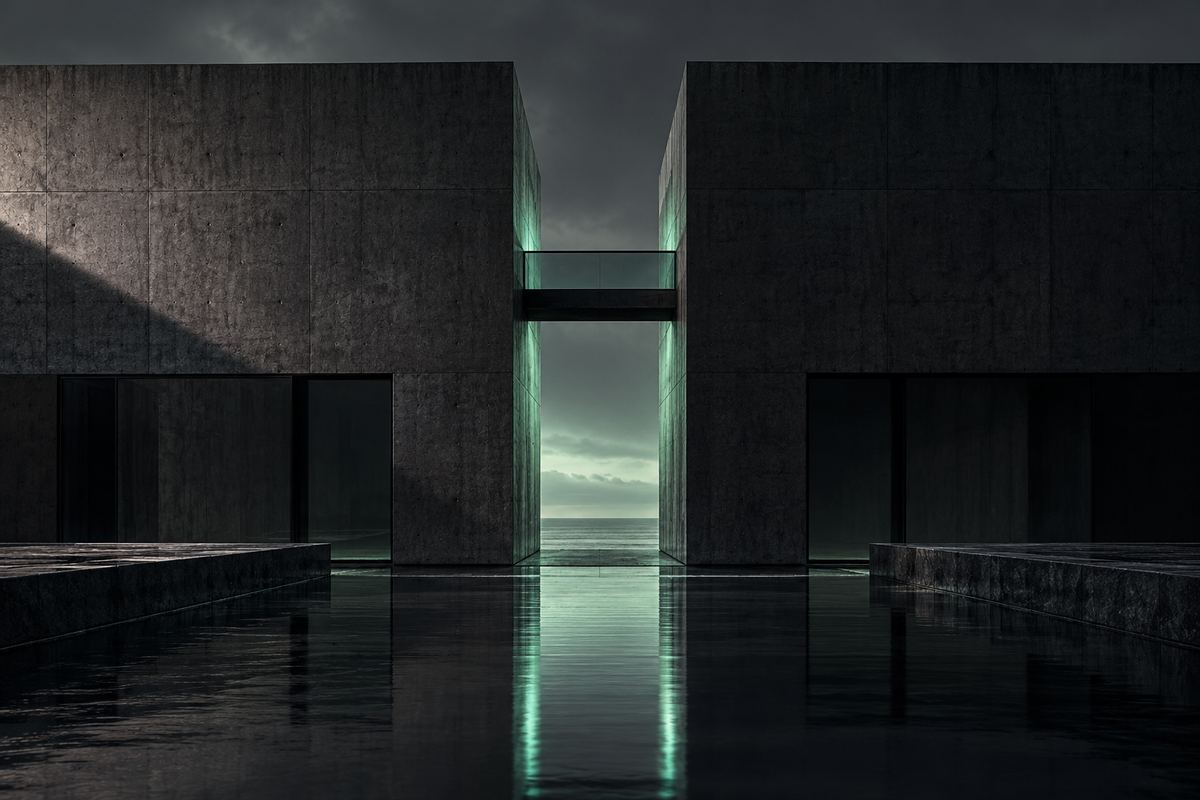Deux volumes de béton sombre reliés par une passerelle, au-dessus d'un bassin qui reflète une lumière vert d'eau