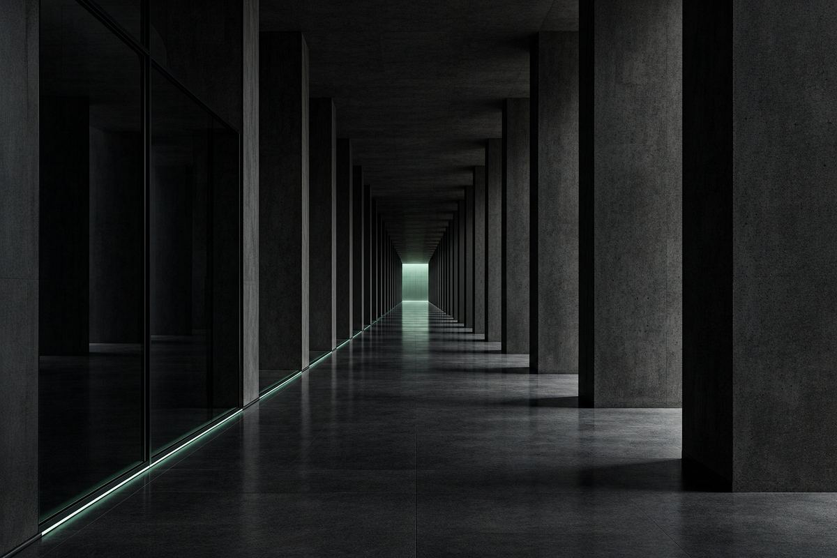 Colonnade de piliers en béton qui fuit vers une lumière vert d'eau